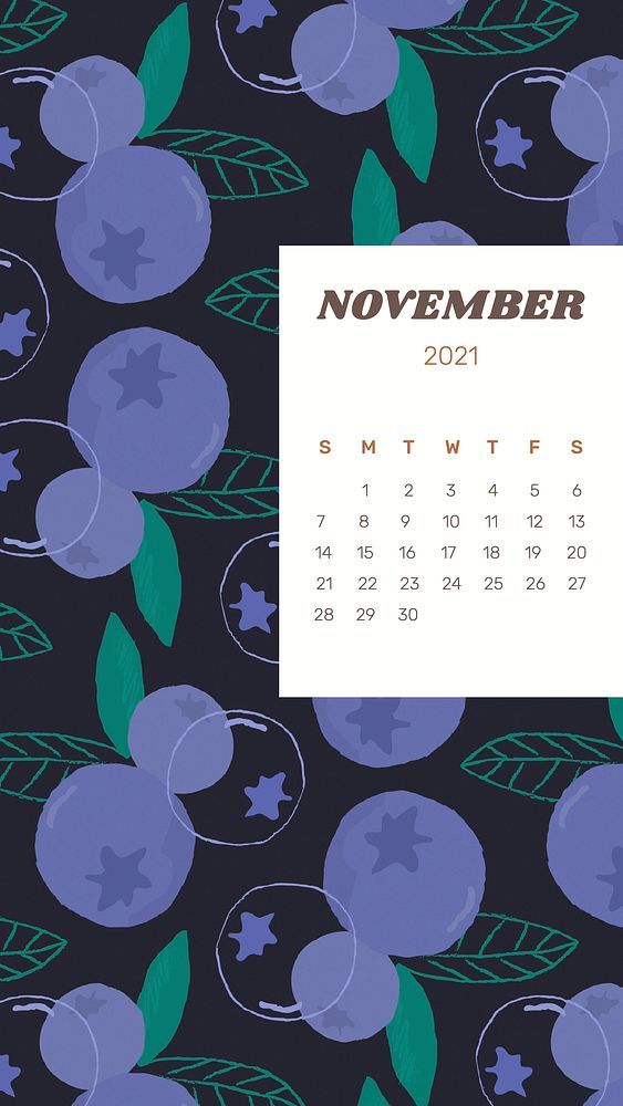 Calendar 2021 November printable vector with cute blueberry