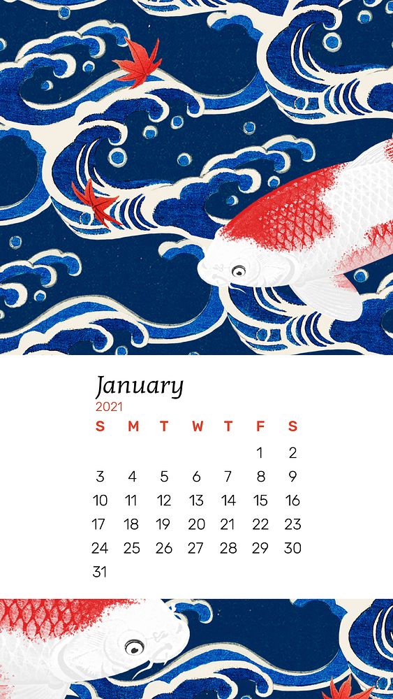 Calendar 2021 January printable with Japanese fish and wave artwork remix from original print by Watanabe Seitei