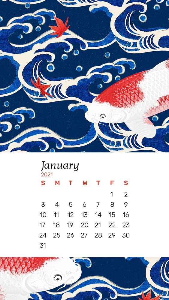 Calendar January 2021 printable vector with Japanese wave and koi fish artwork remix from original print by Watanabe Seitei