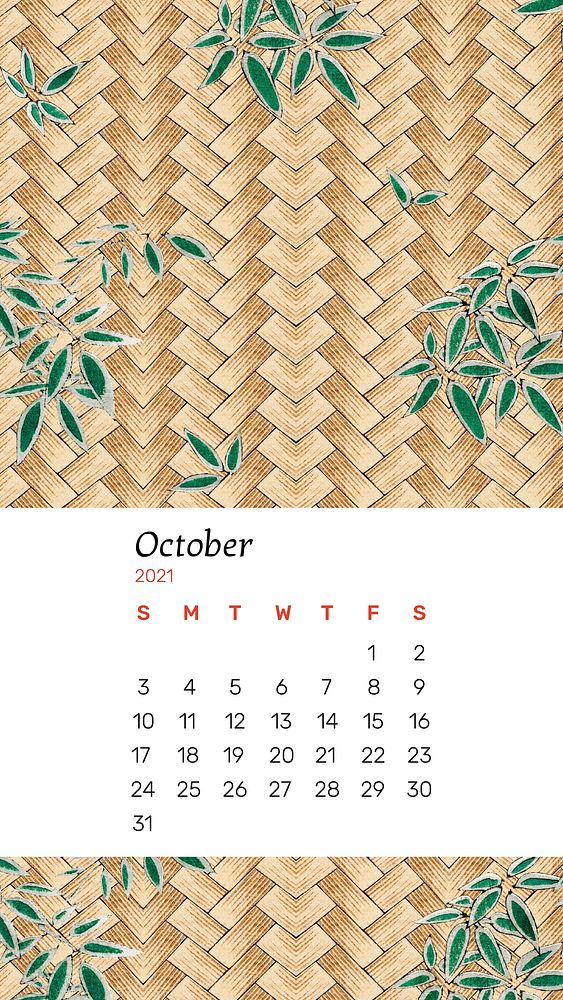 Calendar October 2021 printable with Japanese bamboo weave and leaf remix artwork by Watanabe Seitei