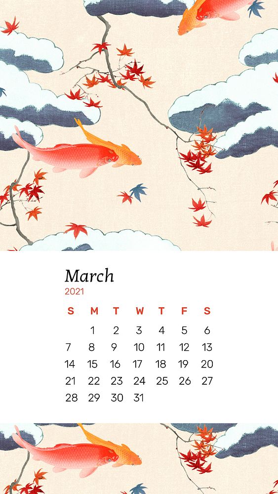 Calendar March 2021 printable with vintage Japanese design artwork remix from original print by Watanabe Seitei