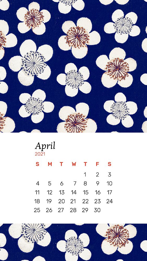 Calendar April 2021 printable with Japanese plum blossom remix artwork by Watanabe Seitei