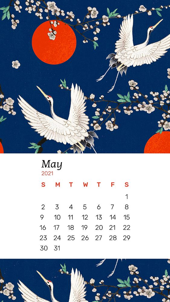 Calendar May 2021 printable with Japanese crane and sakura artwork remix from original print by Watanabe Seitei