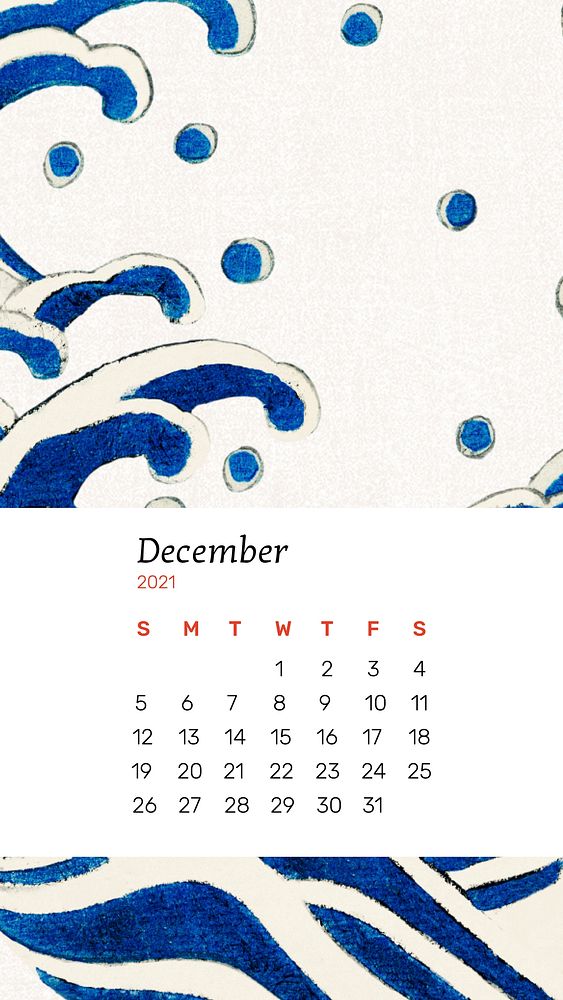 Calendar December 2021 printable vector with Japanese wave remix artwork by Watanabe Seitei