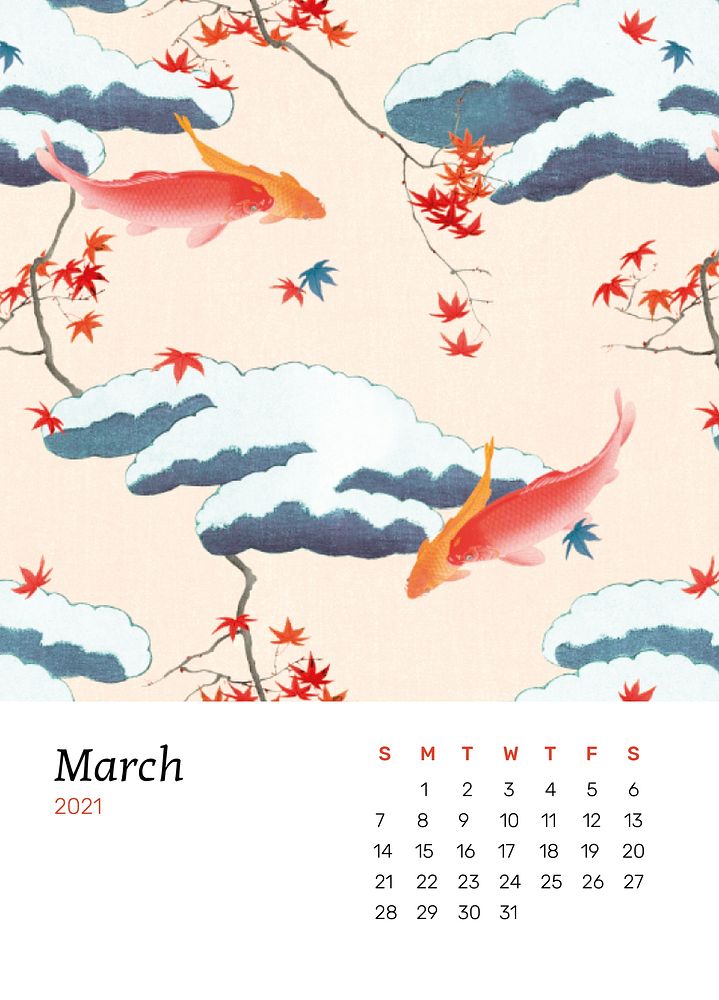 March 2021 calendar printable psd with vintage Japanese design and sakura artwork remix from original print by Watanabe…