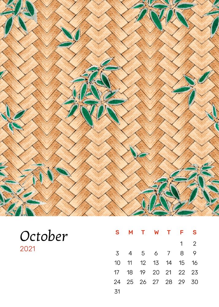 October 2021 calendar printable with Japanese bamboo weave and leaf remix artwork by Watanabe Seitei 