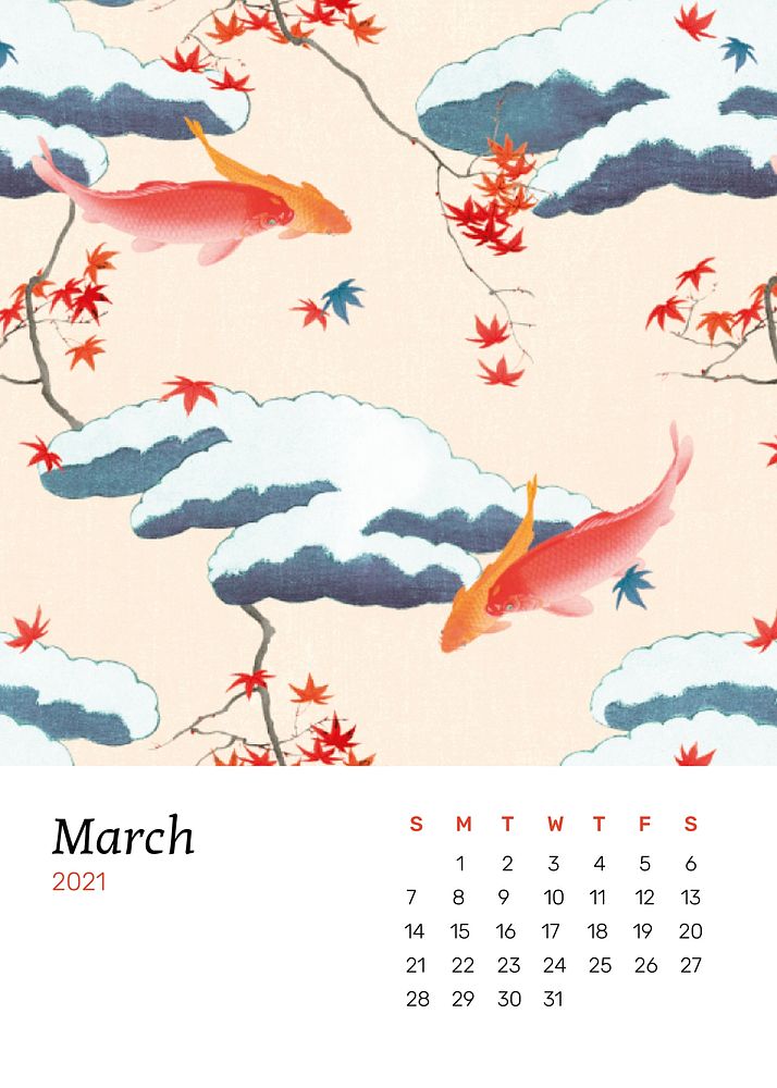 March 2021 calendar printable with vintage Japanese design  artwork remix from original print by Watanabe Seitei