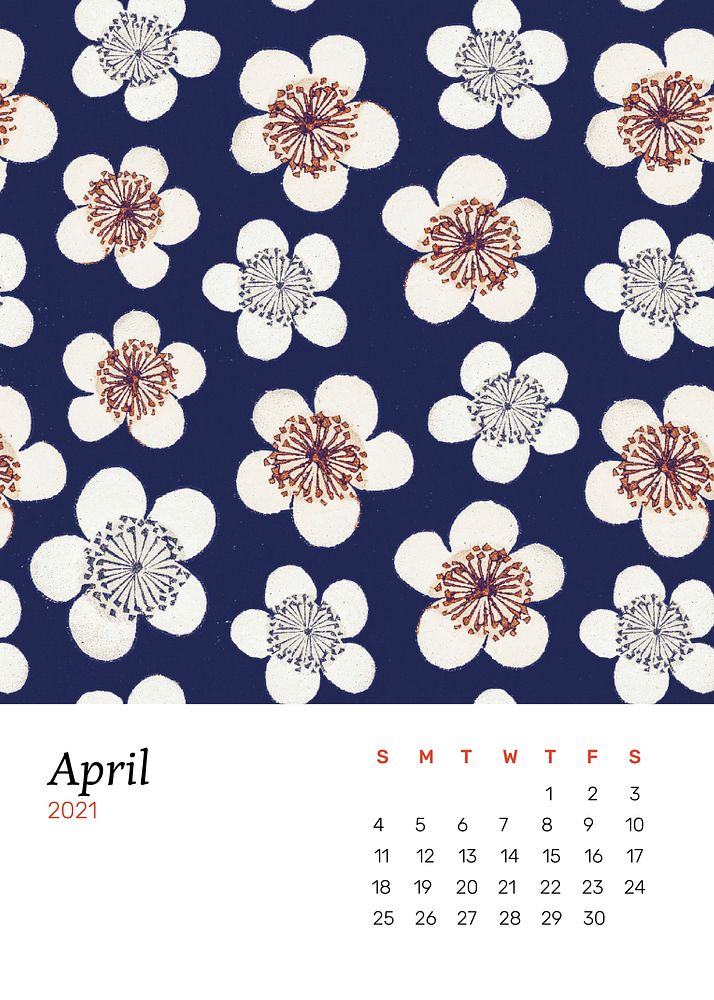April 2021 calendar printable vector with Japanese plum blossom remix artwork by Watanabe Seitei 
