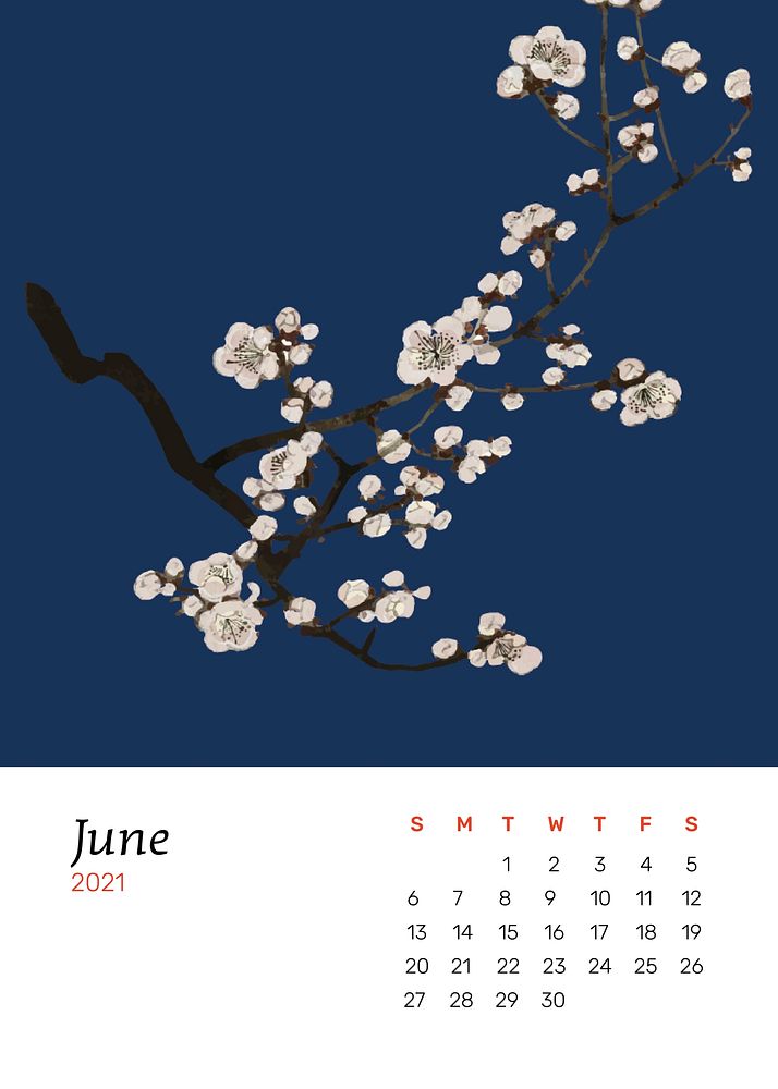 June 2021 calendar printable vector with Japanese plum blossom artwork remix from original print by Watanabe Seitei
