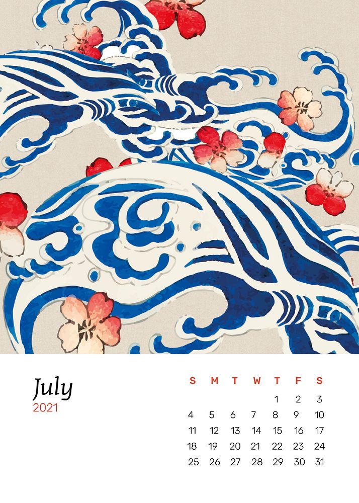 July 2021 calendar printable with Japanese wave with sakura remix artwork by Watanabe Seitei