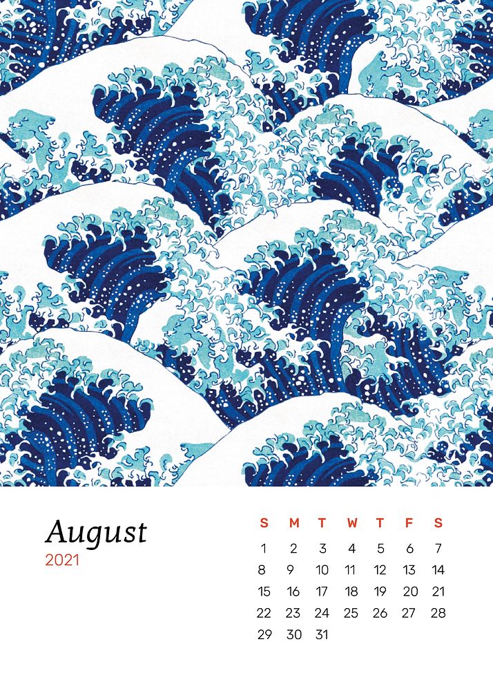 August 2021 calendar printable vector with The Great Wave artwork remix from original print by Katsushika Hokusai​​​​​​​