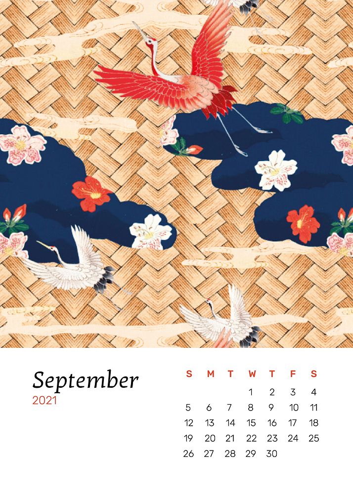 September 2021 calendar printable vector with Japanese crane and bamboo weave artwork remix from original print by Watanabe…