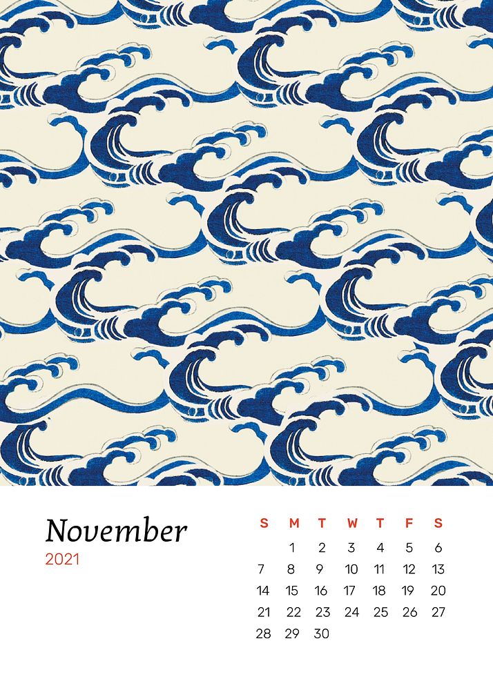 November 2021 calendar printable with Japanese wave pattern remix artwork by Watanabe Seitei 