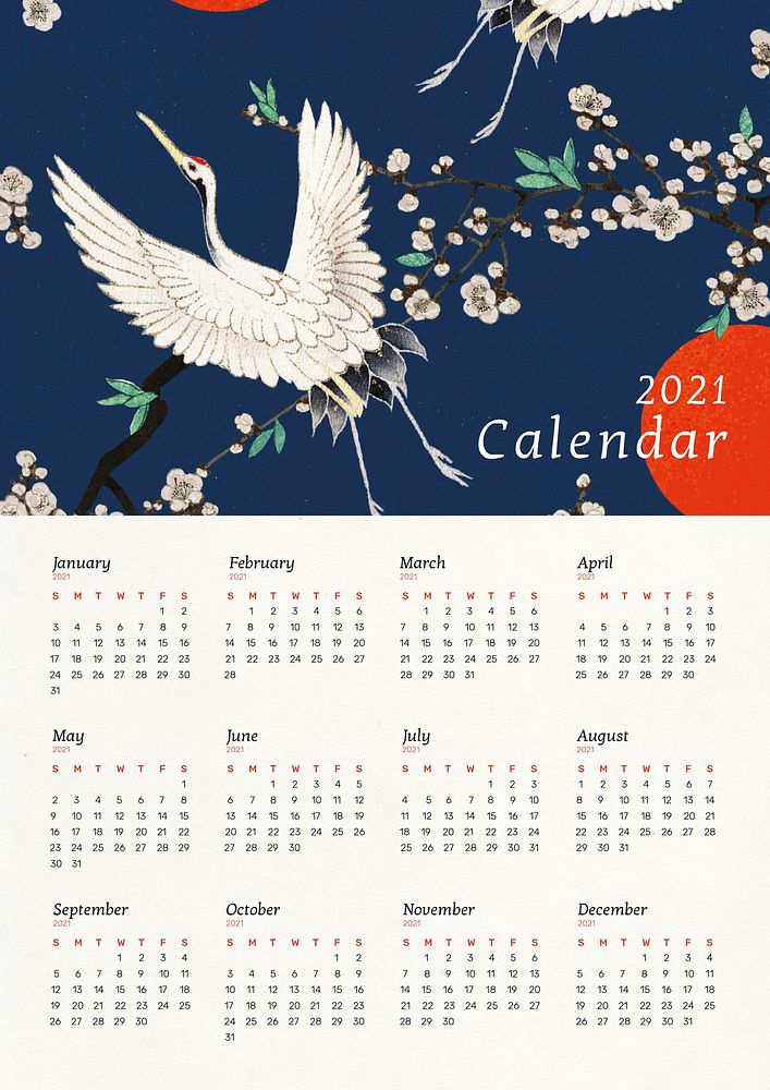 Yearly 2021 calendar printable with Japanese crane and sakura artwork remix from original print by Watanabe Seitei