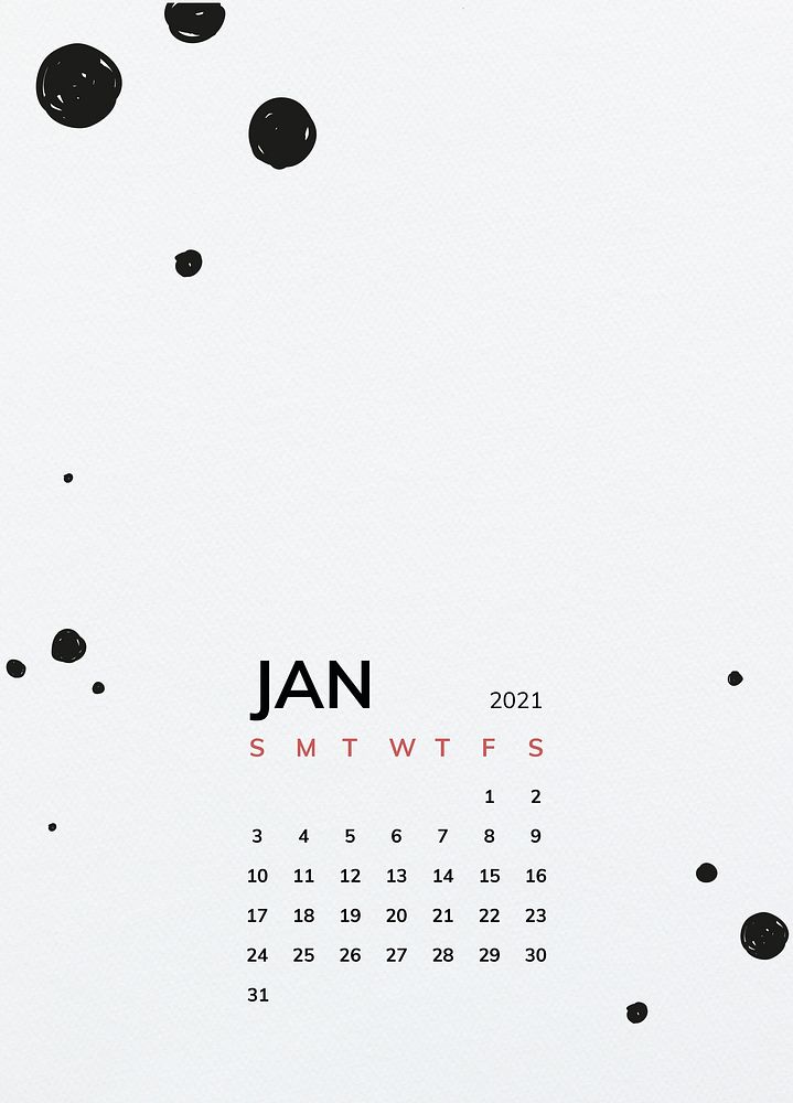 Calendar 2021 January printable template psd with black dots pattern