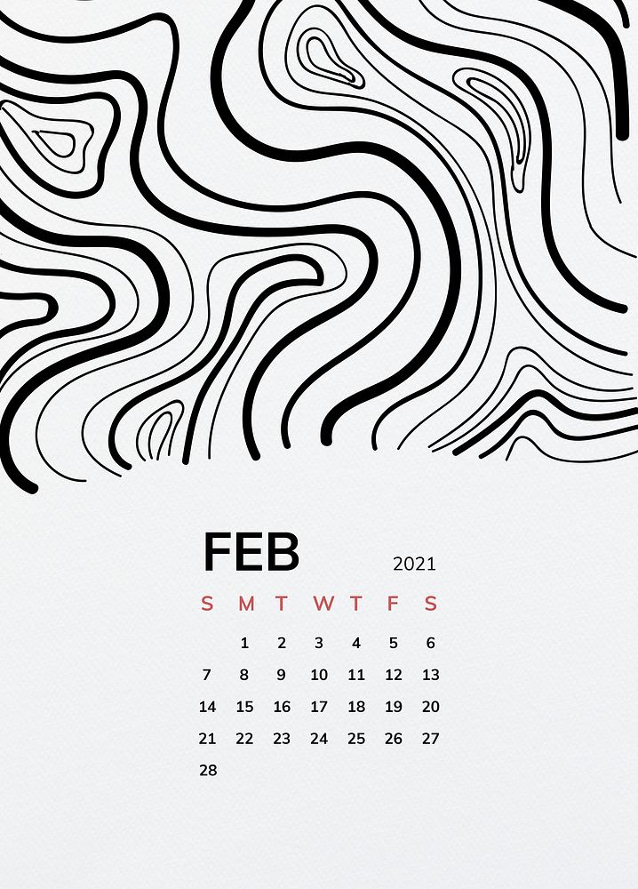 Calendar 2021 February printable with black line pattern background