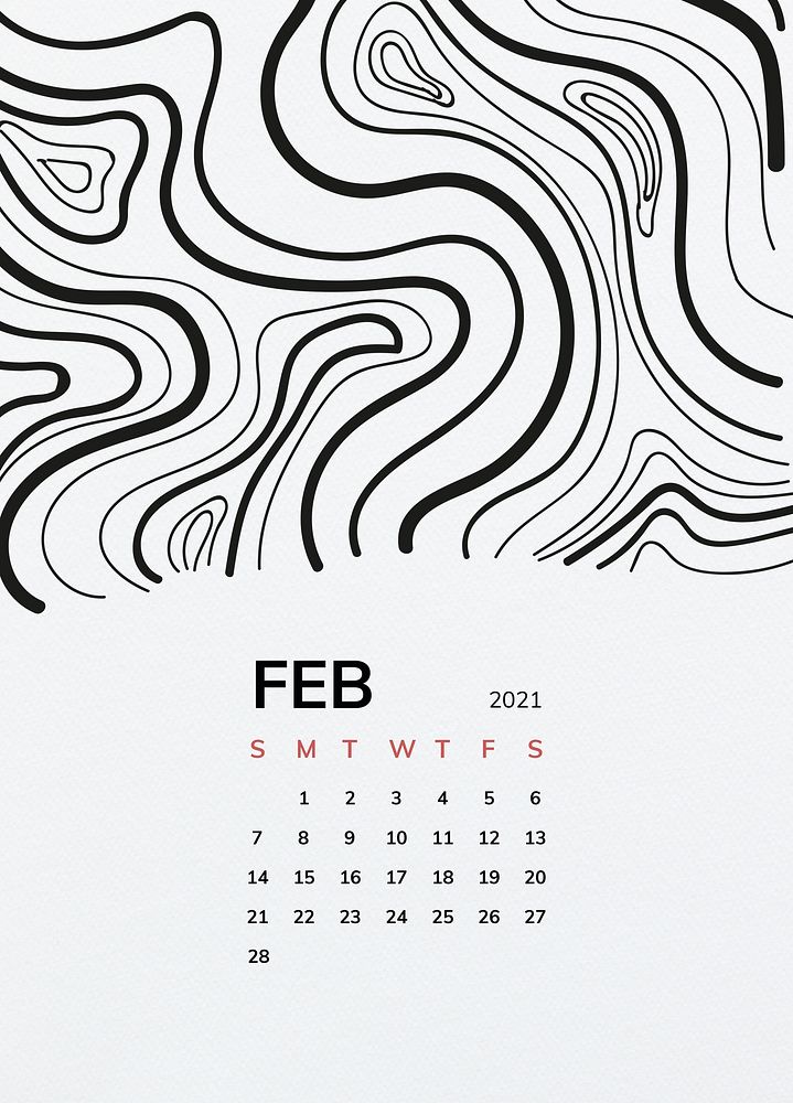 Calendar 2021 February printable template psd with black line pattern