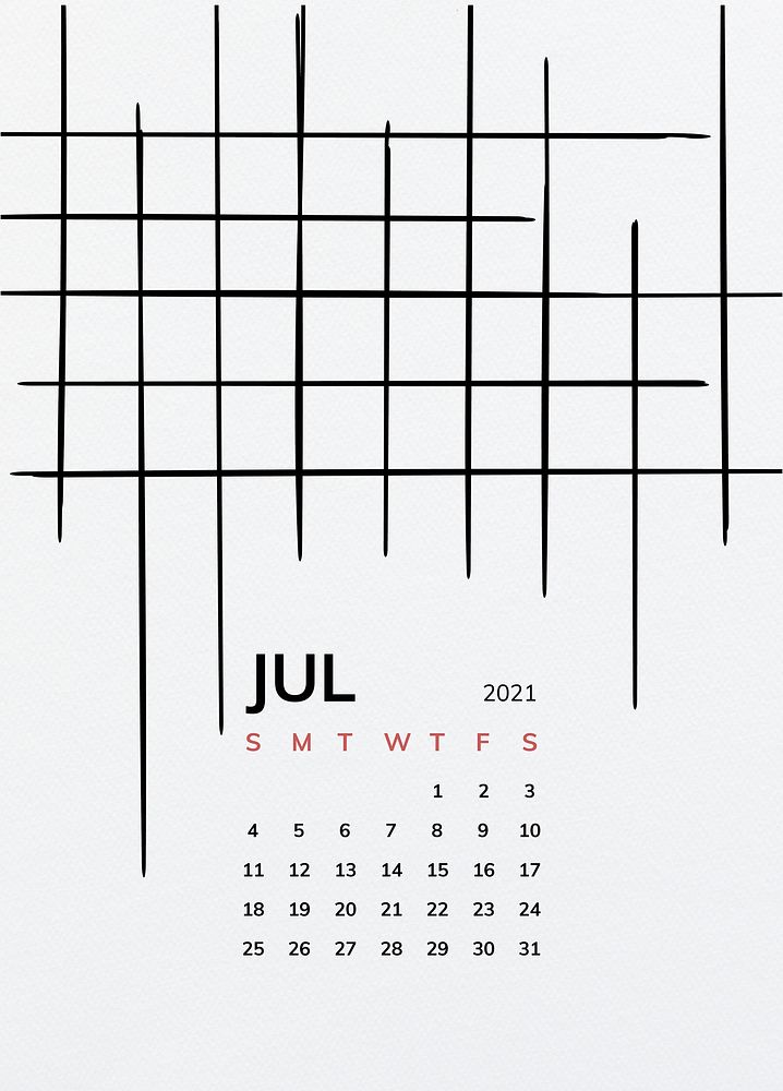 Calendar 2021 July printable template vector with black line pattern 