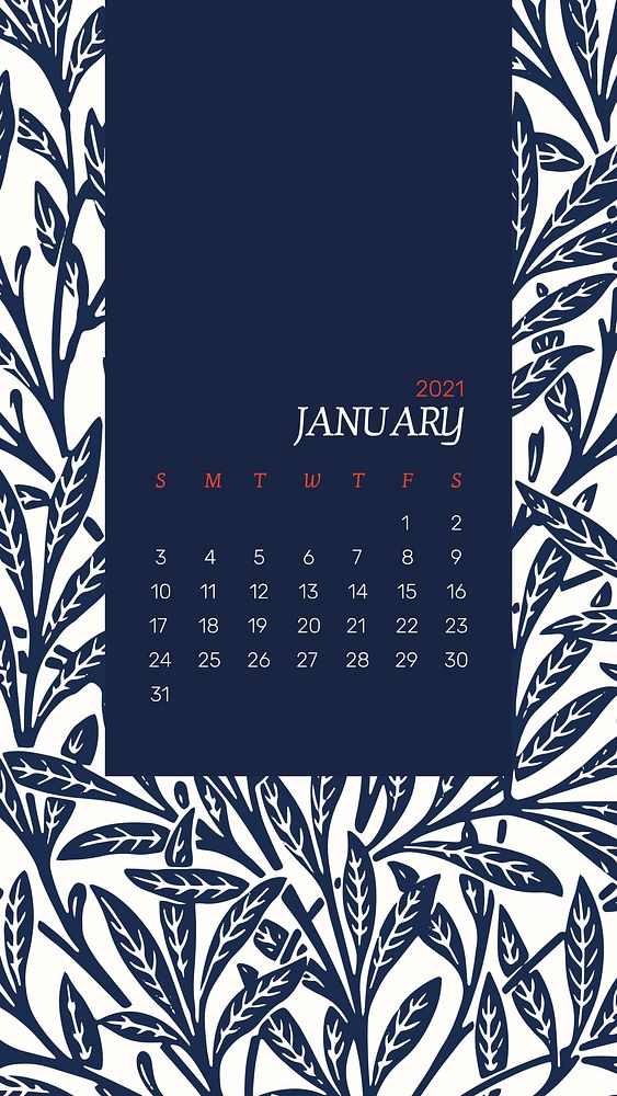 January 2021 printable calendar with blue William Morris floral pattern