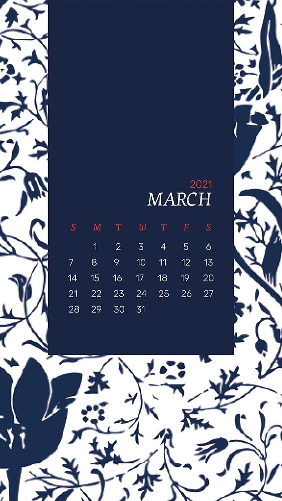 Calendar 2021 March editable template vector with William Morris floral pattern