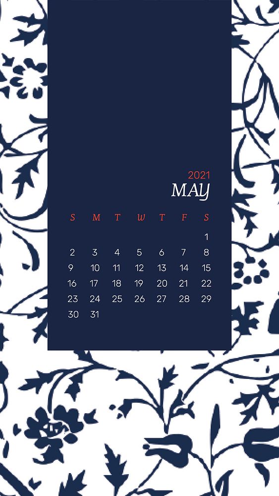 Calendar 2021 May editable template vector with William Morris floral pattern