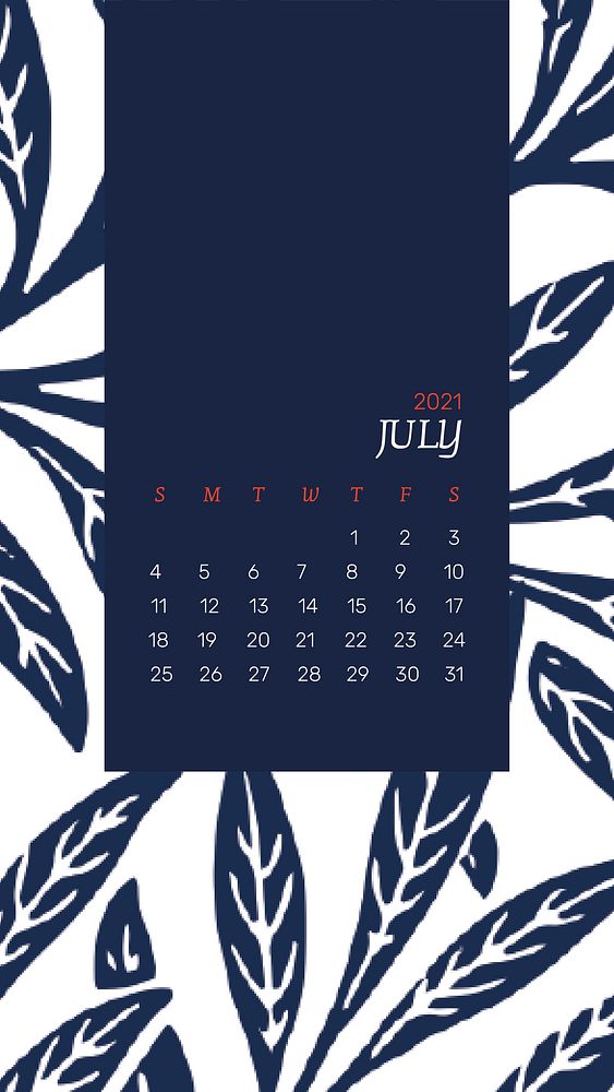 July 2021 printable calendar with blue William Morris floral pattern