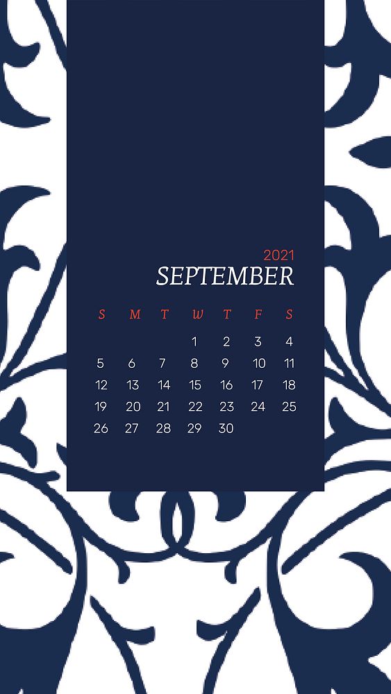 September 2021 mobile phone wallpaper with blue William Morris floral pattern