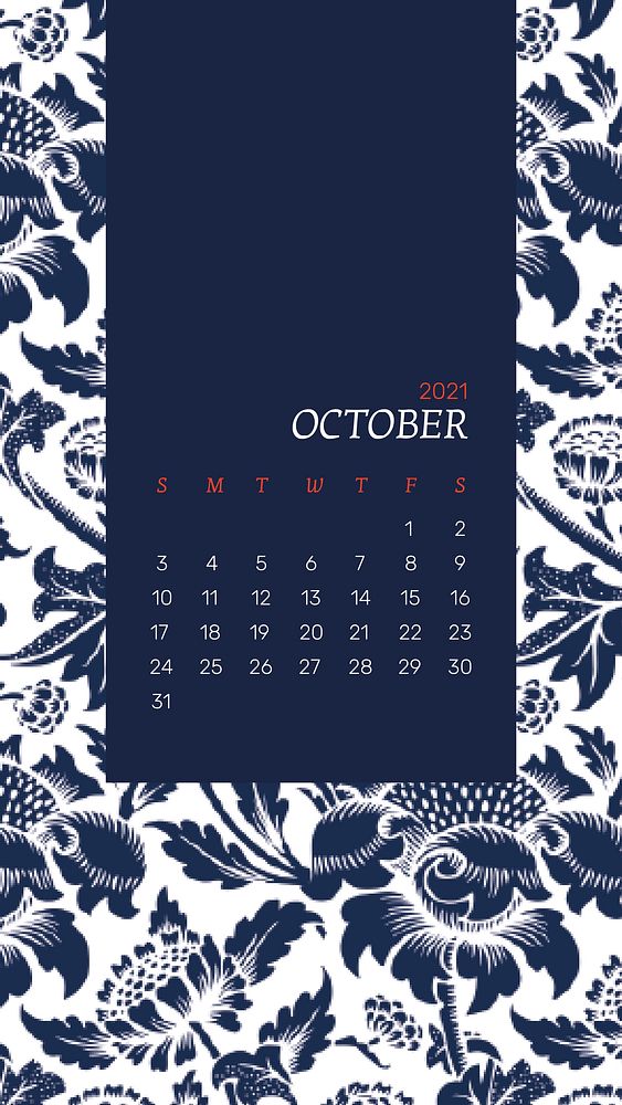 October 2021 mobile phone wallpaper with blue William Morris floral pattern