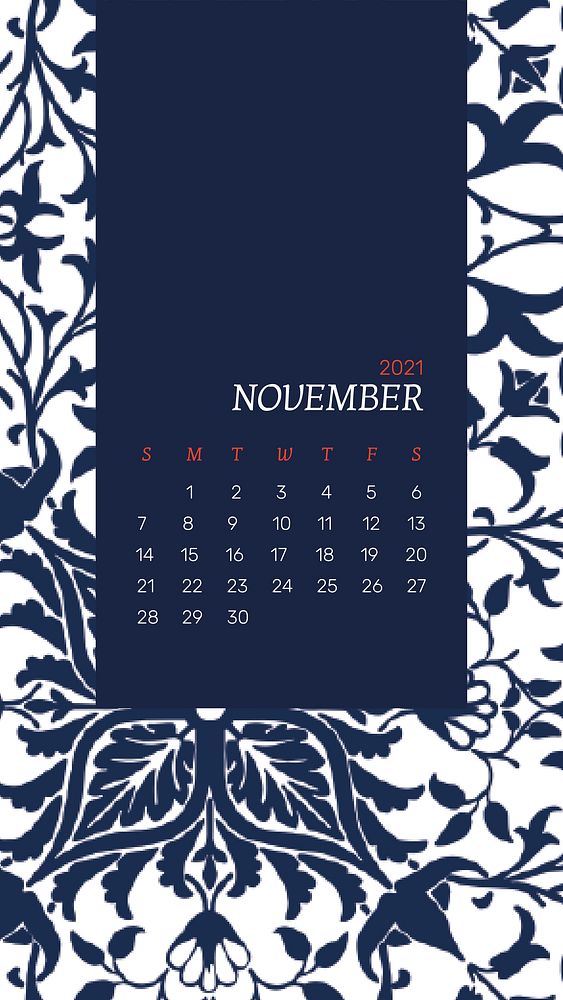 November 2021 mobile phone wallpaper with blue William Morris floral pattern