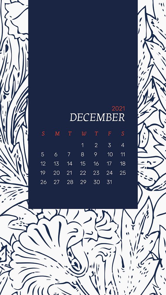 December 2021 mobile phone wallpaper with blue William Morris floral pattern