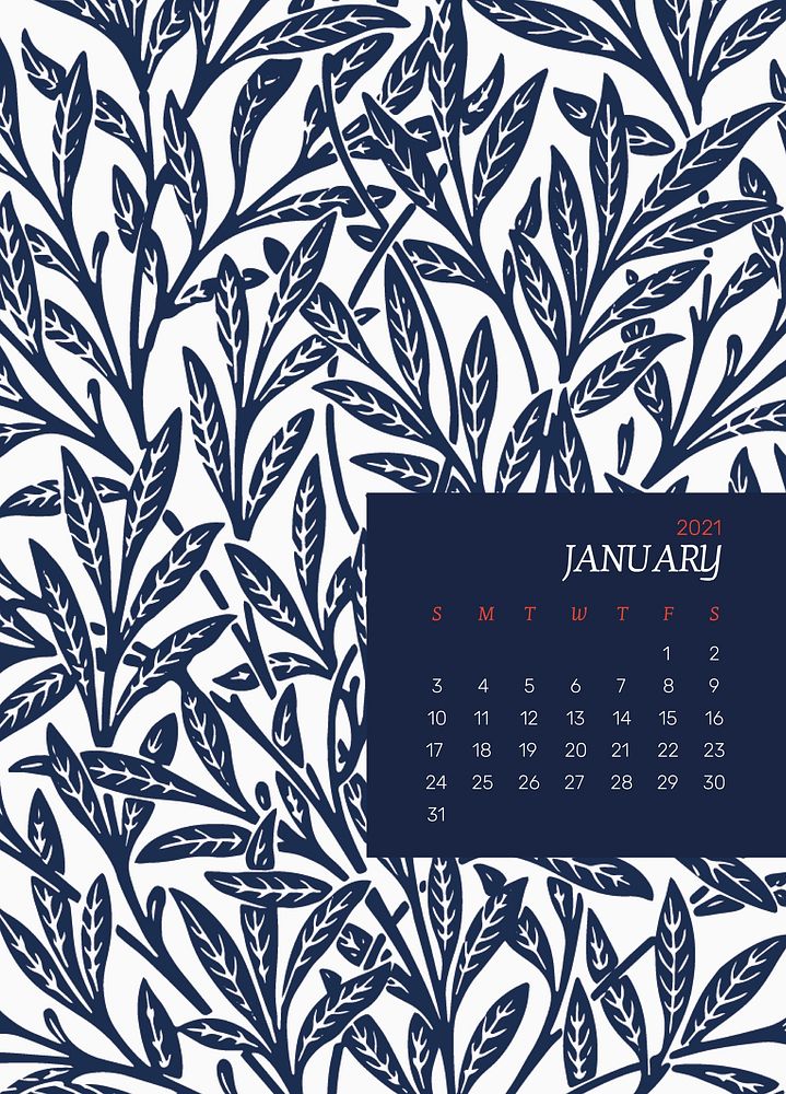Calendar 2021 January editable template psd with William Morris floral pattern