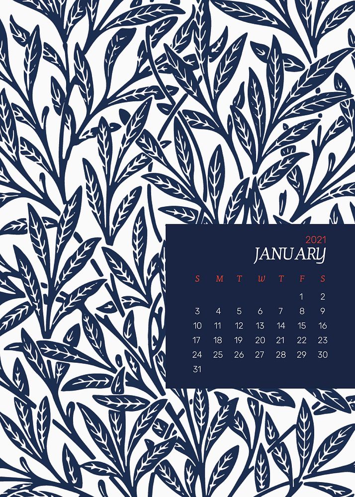 January 2021 editable calendar template vector with William Morris floral pattern