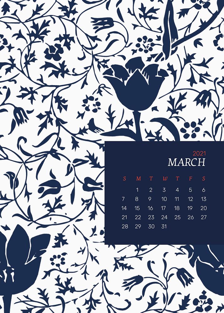 March 2021 printable calendar with William Morris blue floral pattern