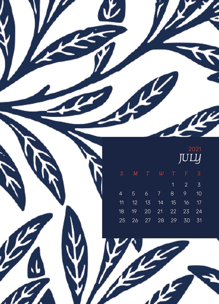 Calendar 2021 Jul editable template psd with William Morris floral patterns