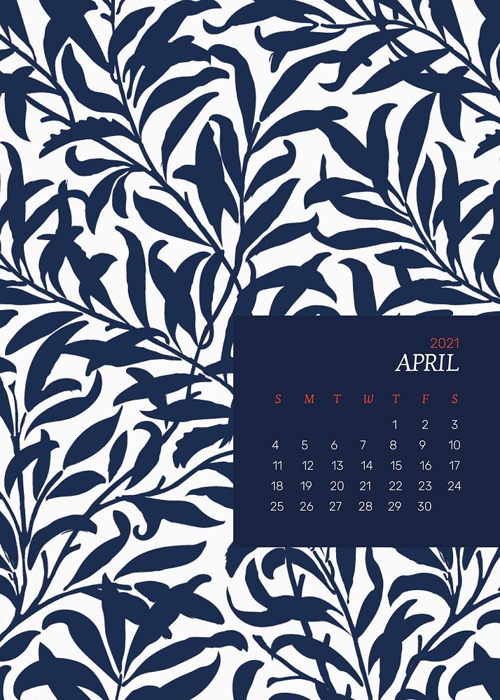 April 2021 printable calendar with William Morris blue floral pattern