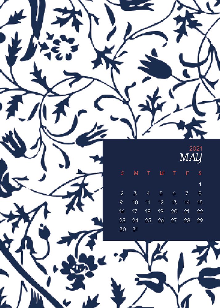 May 2021 printable calendar with William Morris blue floral pattern
