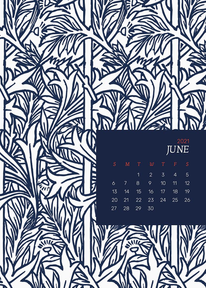 June 2021 printable calendar with William Morris blue floral pattern