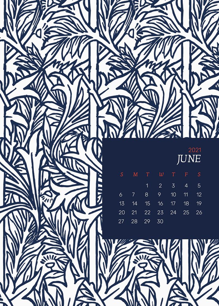June 2021 editable calendar template vector with William Morris floral pattern