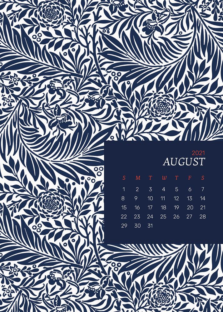 August 2021 printable calendar with William Morris blue floral pattern