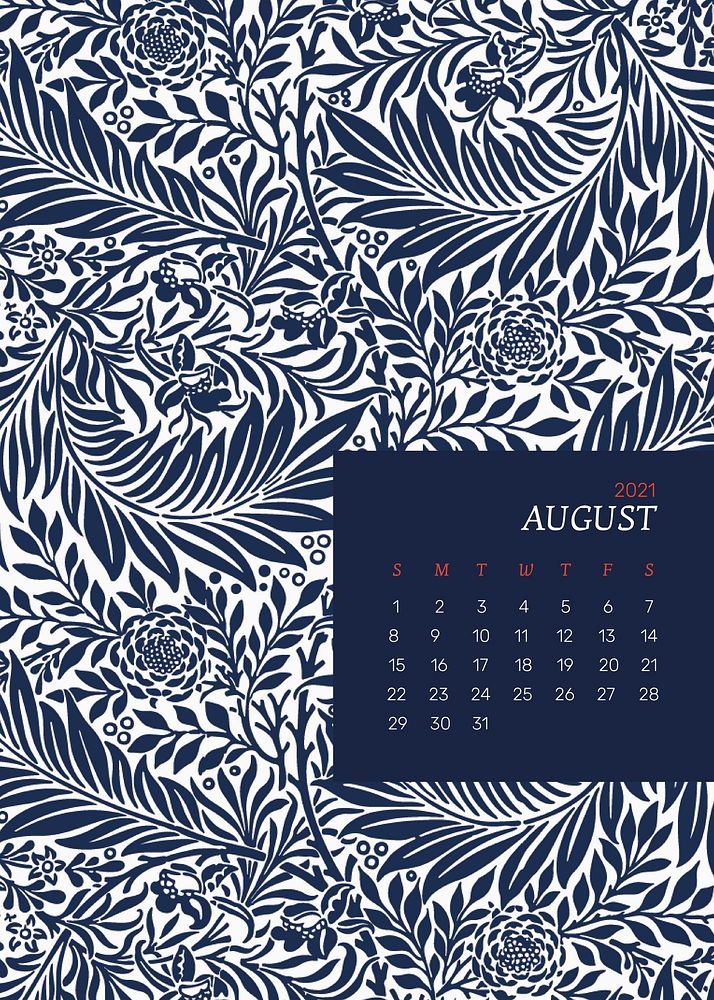 August2021 editable calendar template vector with William Morris floral pattern