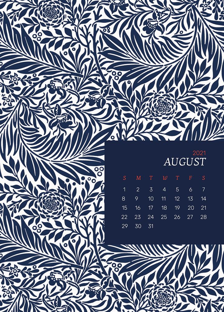 Calendar 2021 August editable template psd with William Morris floral pattern
