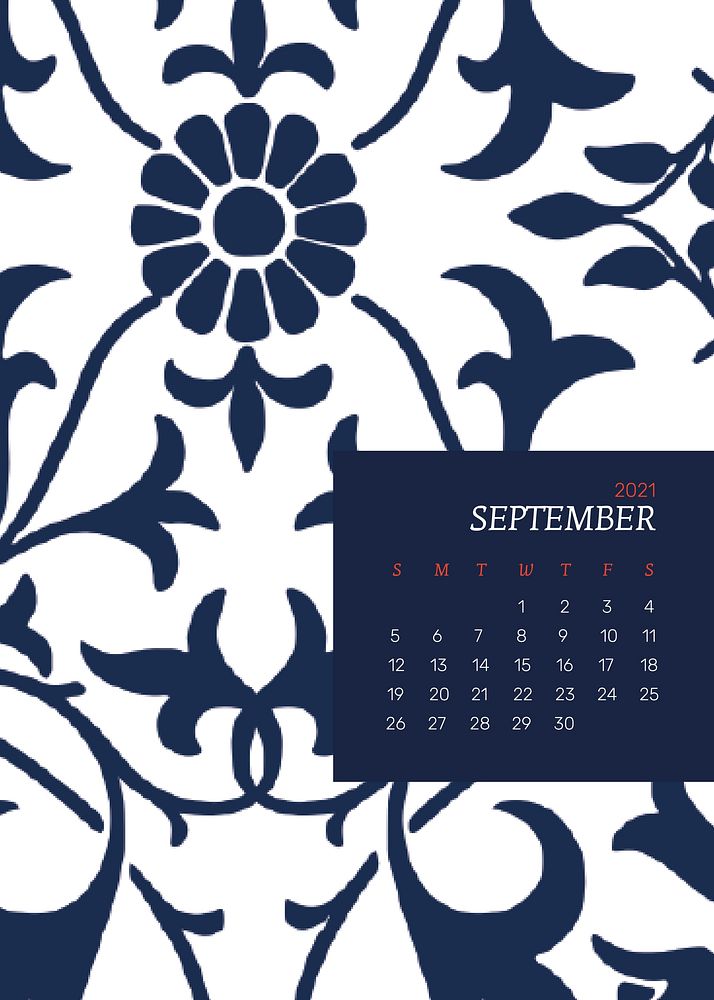 September 2021 printable calendar with William Morris blue floral pattern