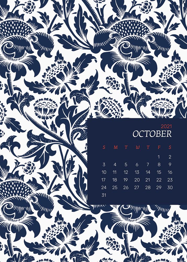 October 2021 printable calendar with William Morris blue floral pattern