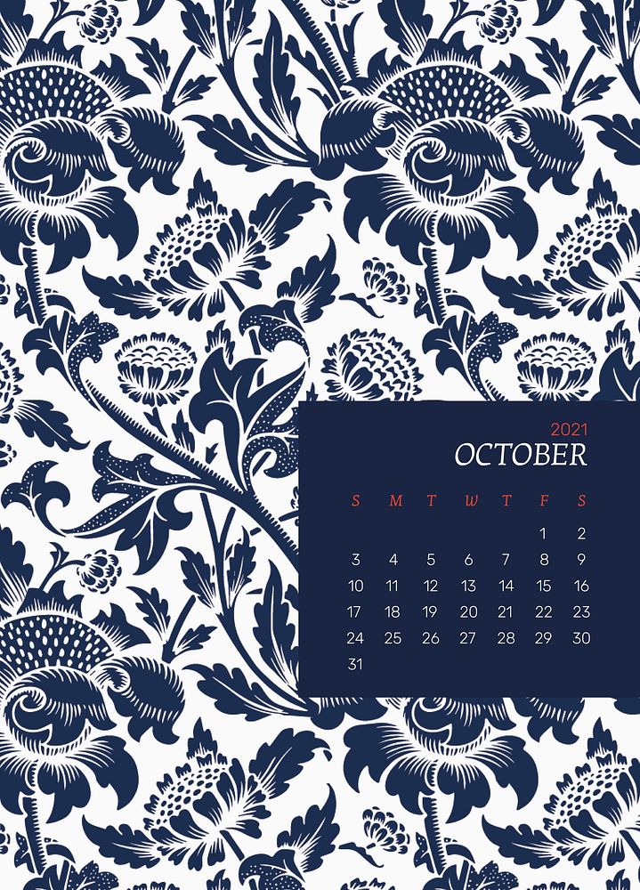 Calendar 2021 October editable template psd with William Morris floral patterns