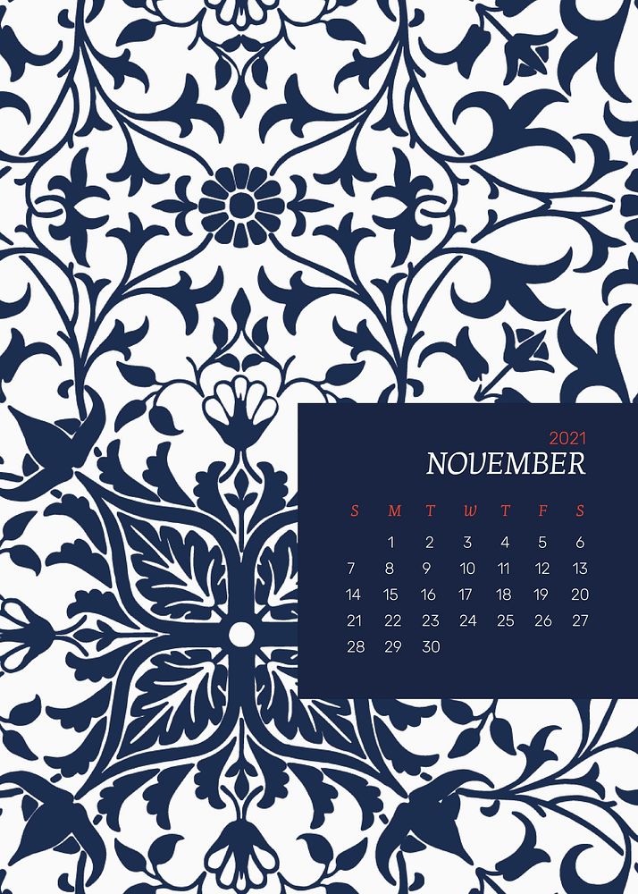 November 2021 printable calendar with William Morris blue floral pattern
