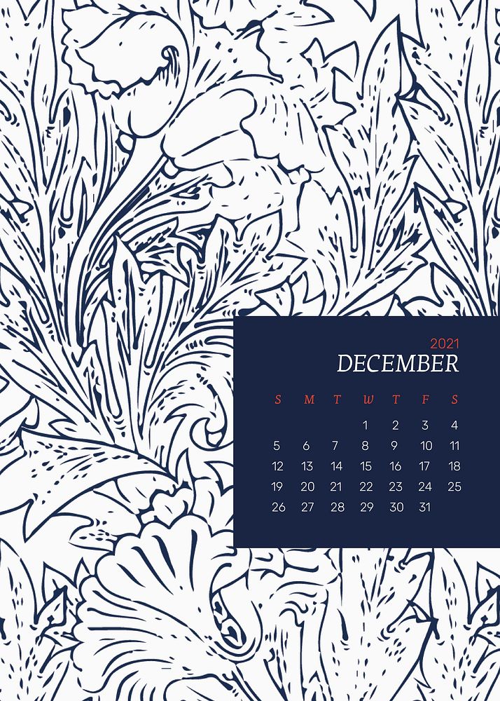 December 2021 printable calendar with William Morris blue floral pattern