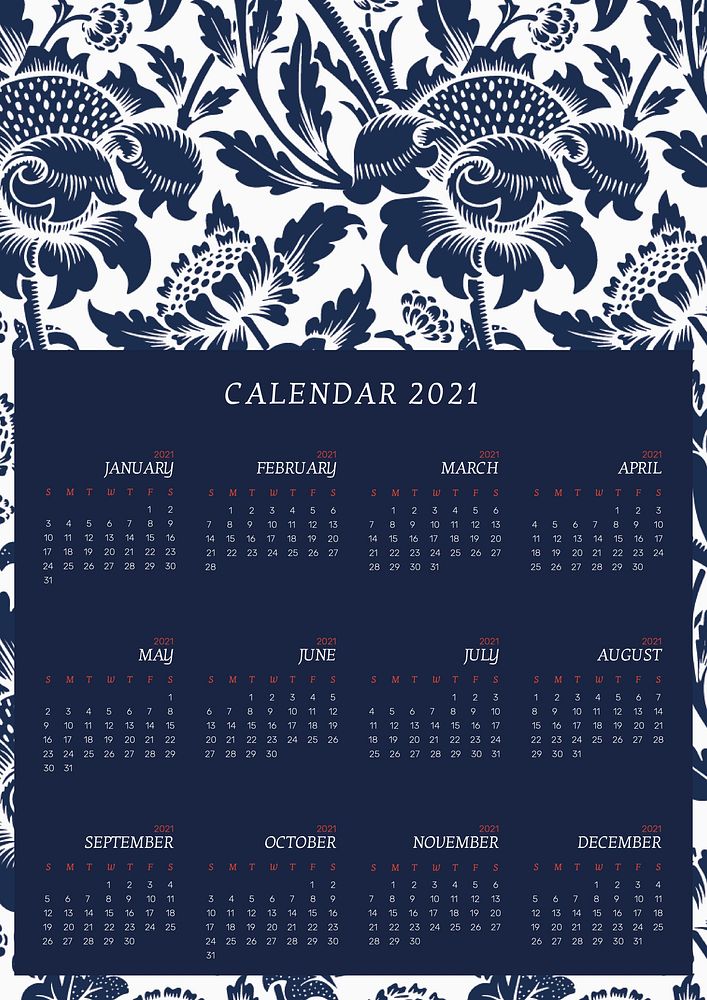 Calendar 2021 yearly printable with William Morris blue floral pattern
