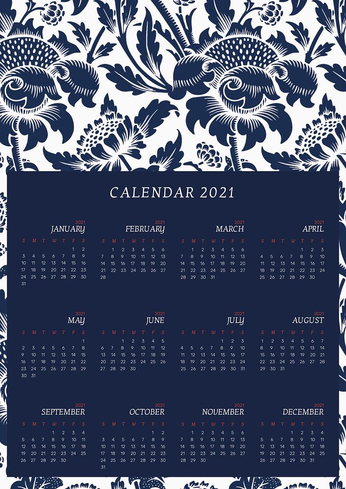 Calendar 2021 yearly editable template vector with William Morris floral pattern