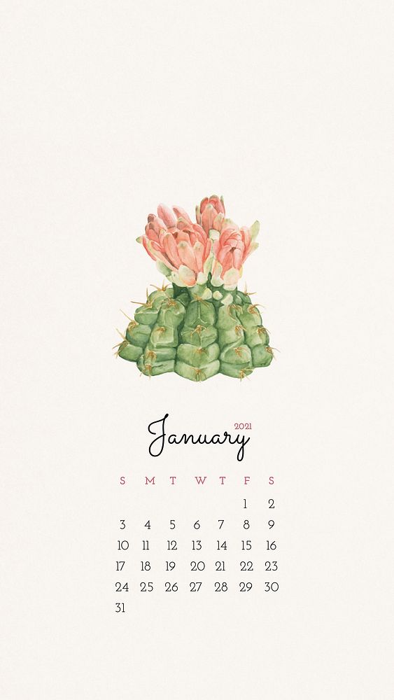 Calendar 2021 January printable with cute hand drawn cactus background