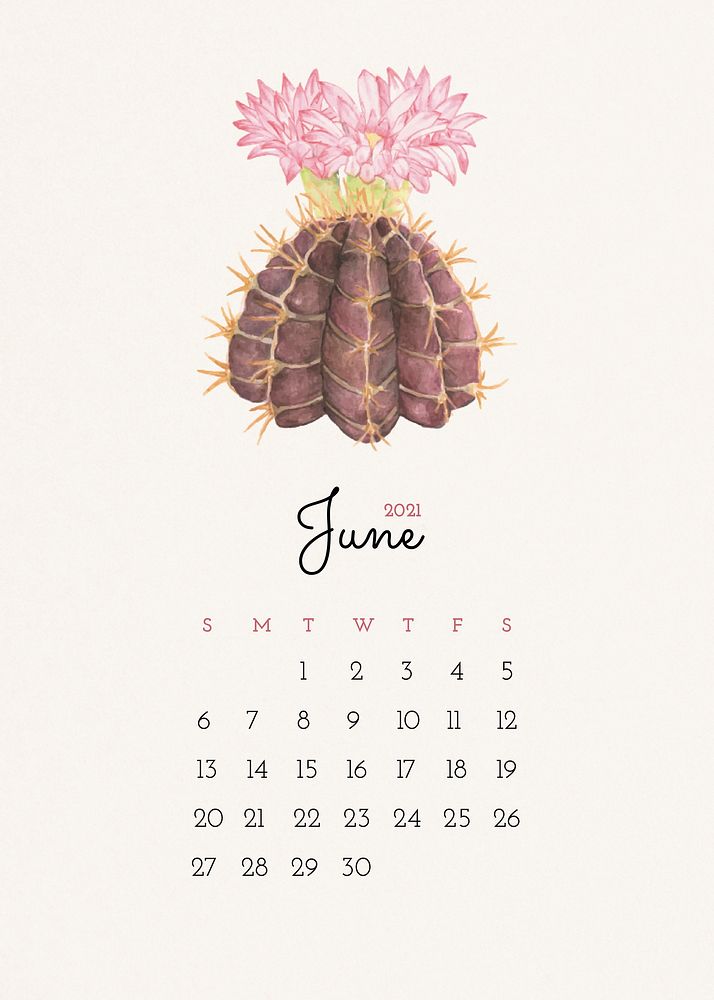 Calendar 2021 June printable with cute hand drawn cactus